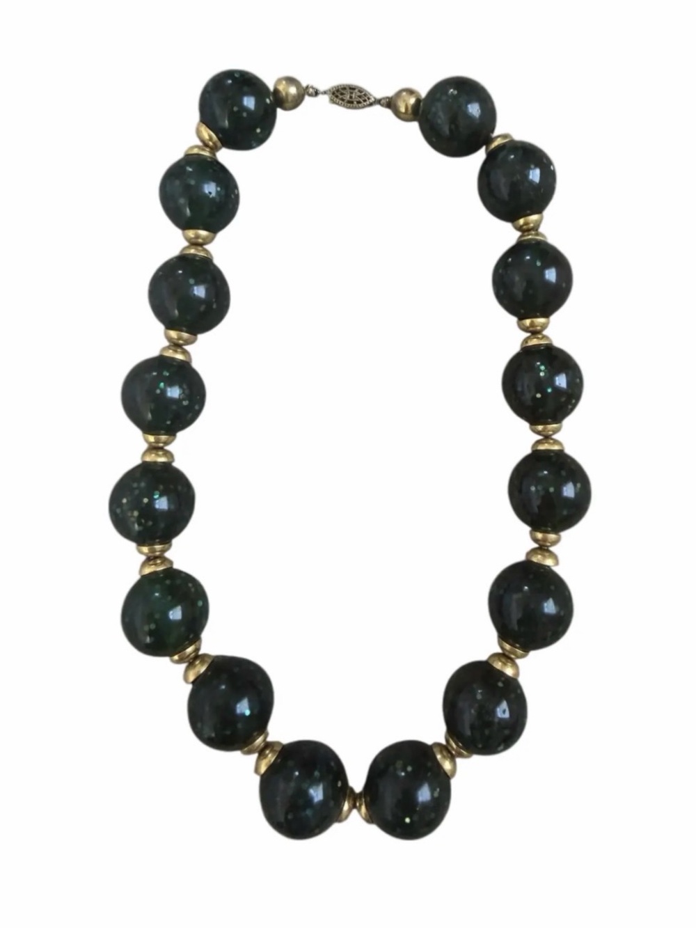 1960’s Classic Dark Green Confetti Lucite Beaded Necklace with Gold Accents